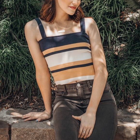 NEW // Striped Crop Top - Mustard/Navy - Picture 2 of 7